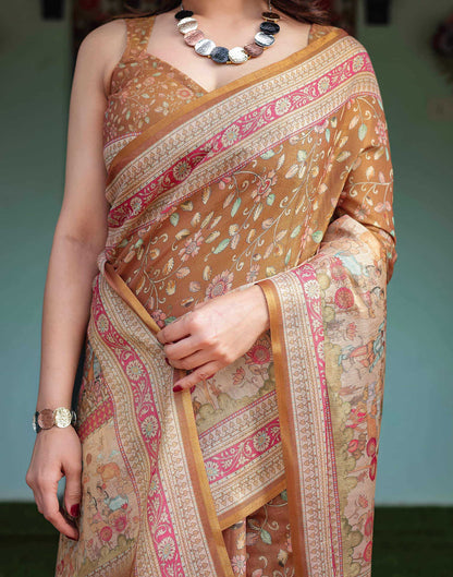 Mustard Yellow Linen Floral Printed Saree