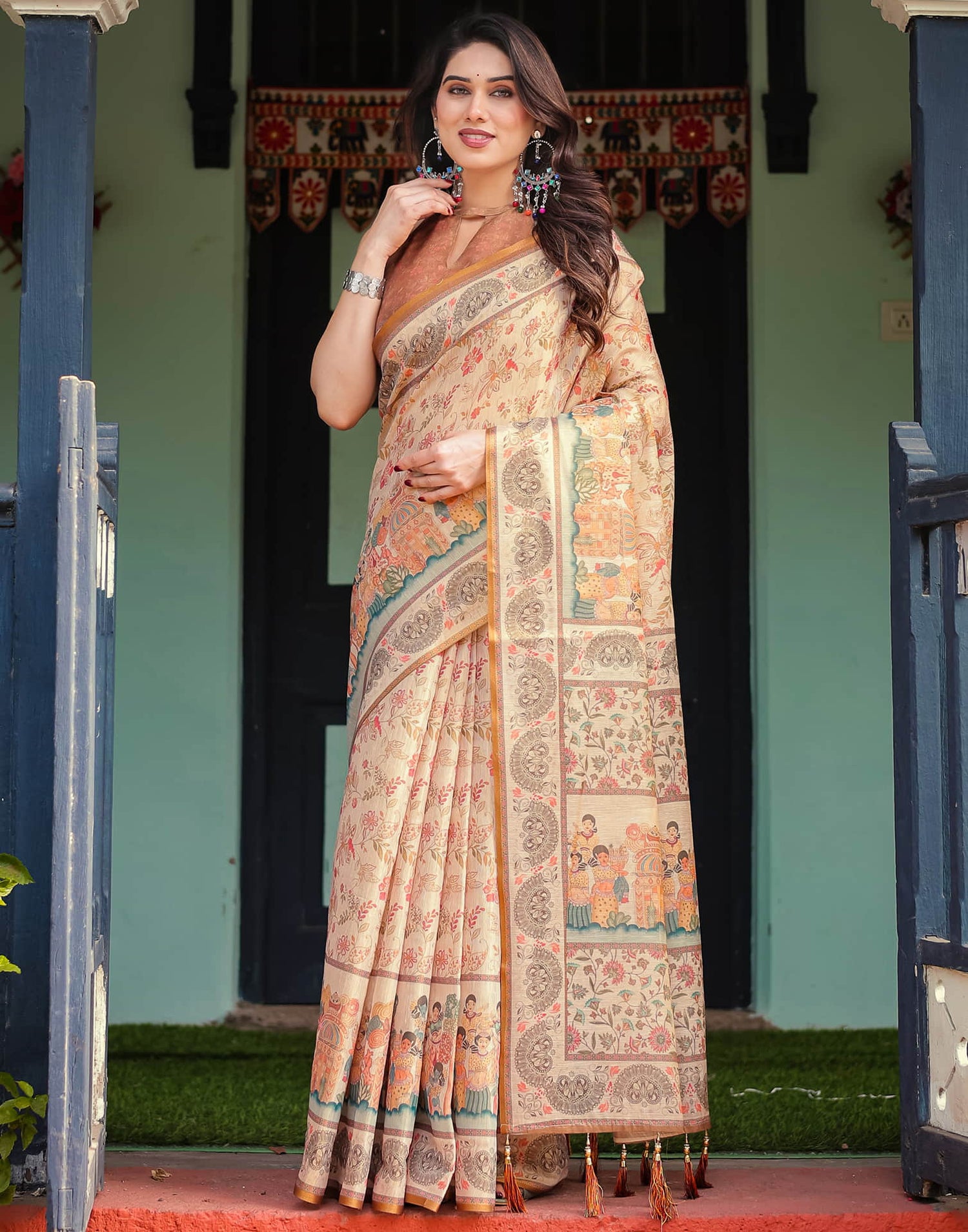Light Beige Linen Printed Saree