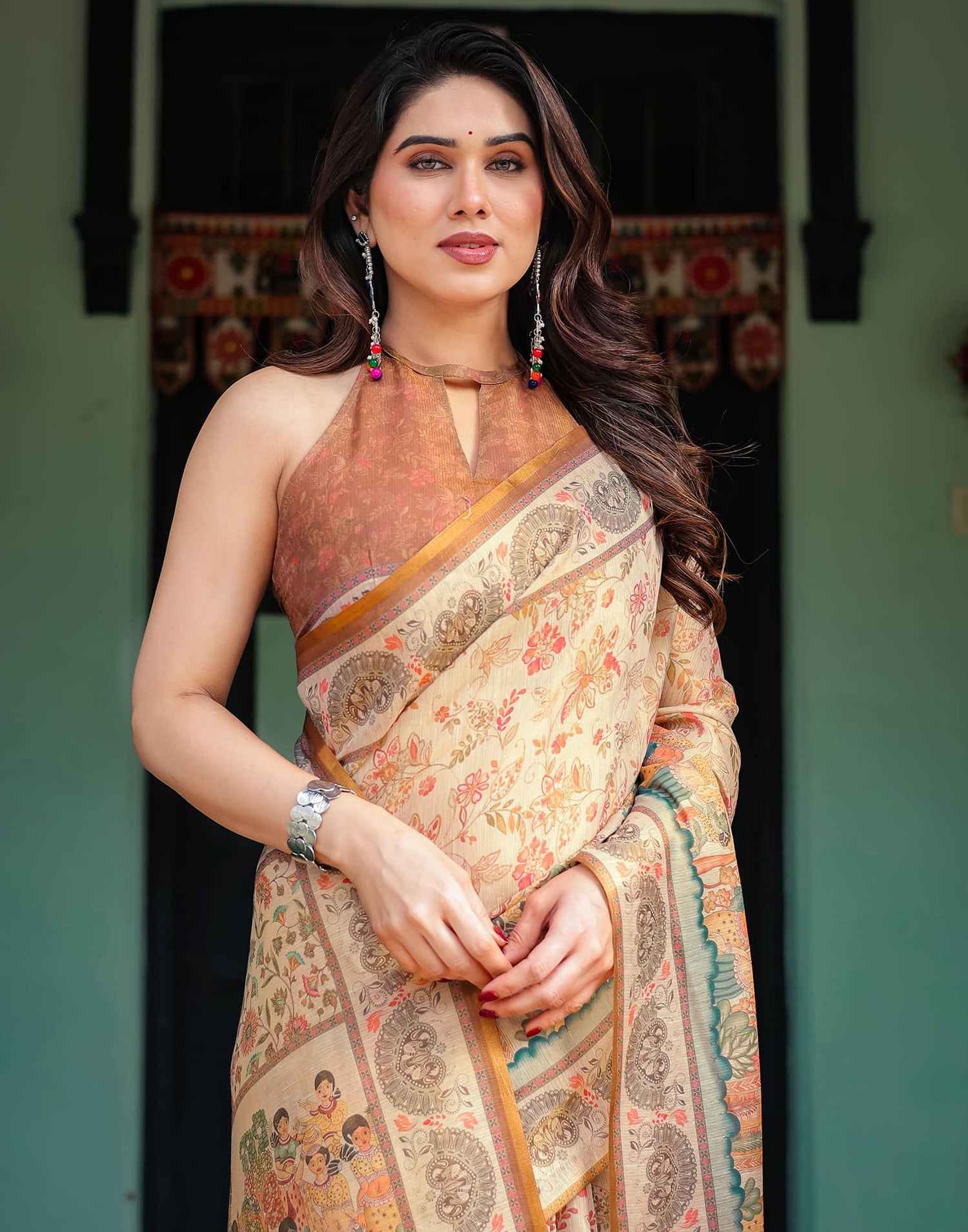 Light Beige Linen Printed Saree