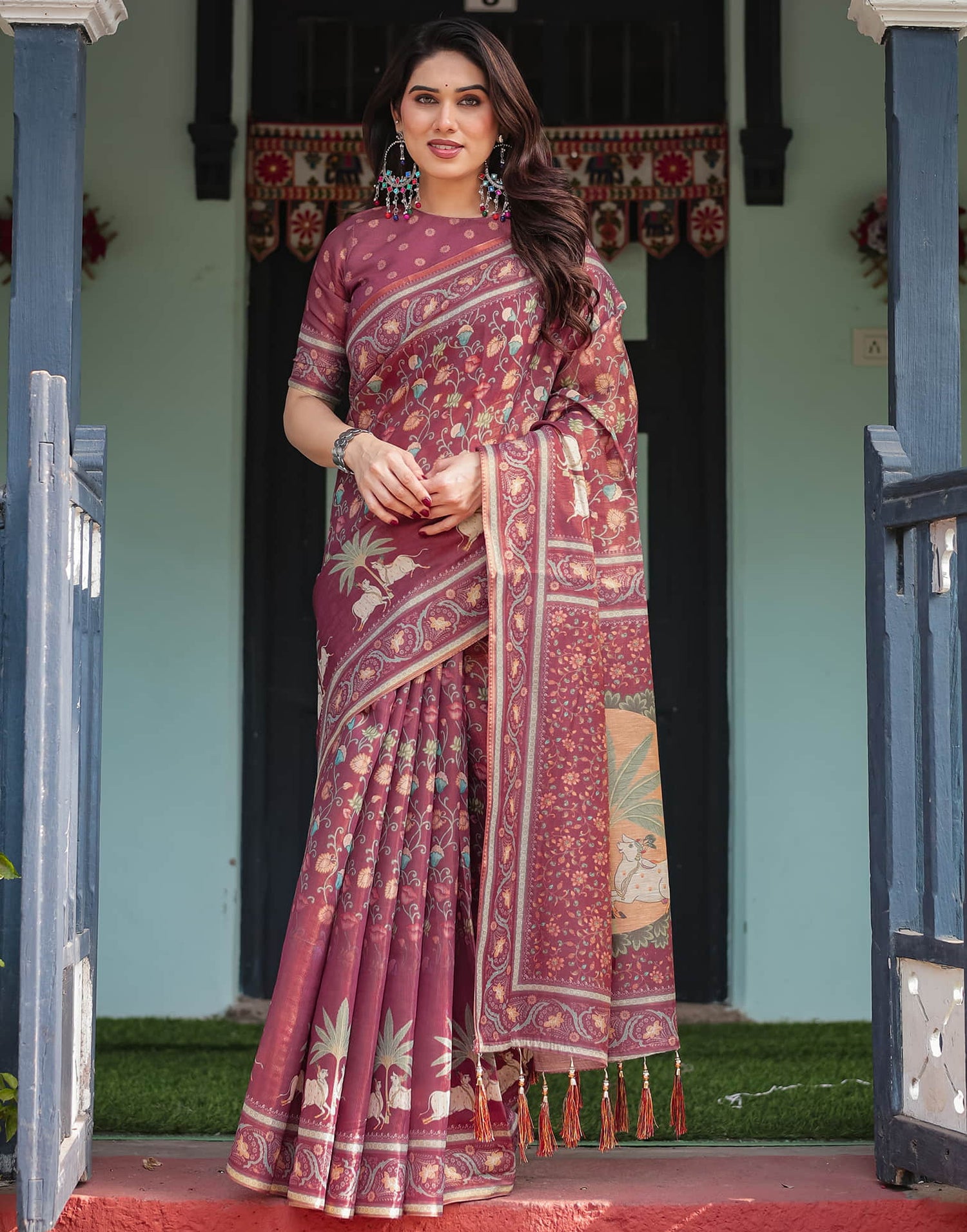 Dusty Wine Linen Printed Saree