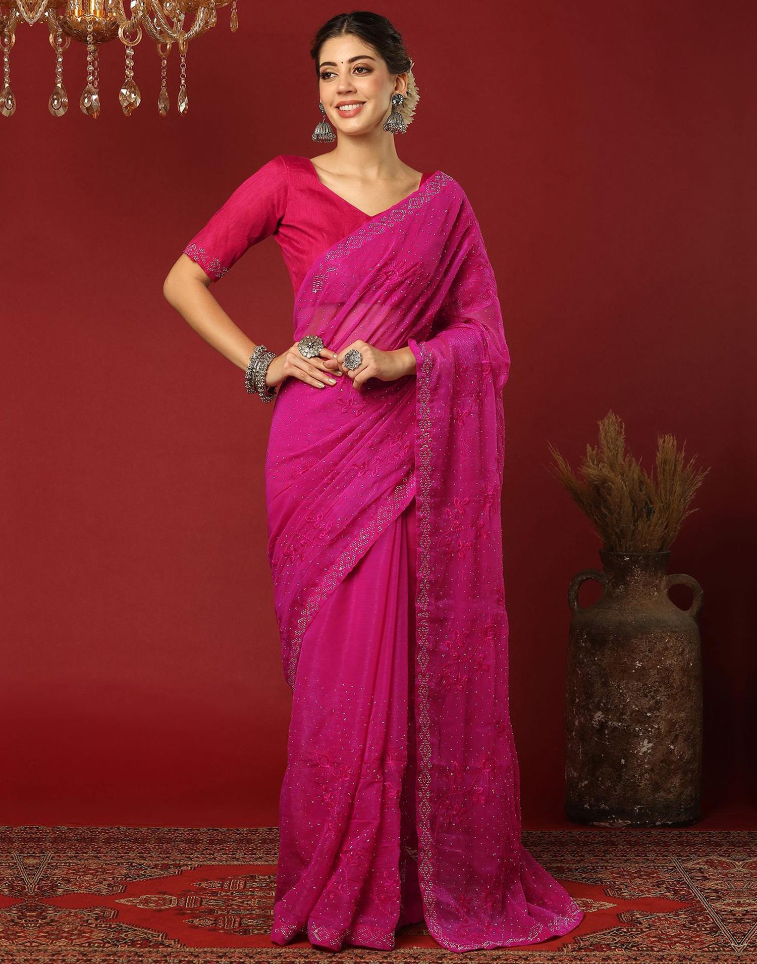 Pink Chiffon Stone Work Swarovski Saree