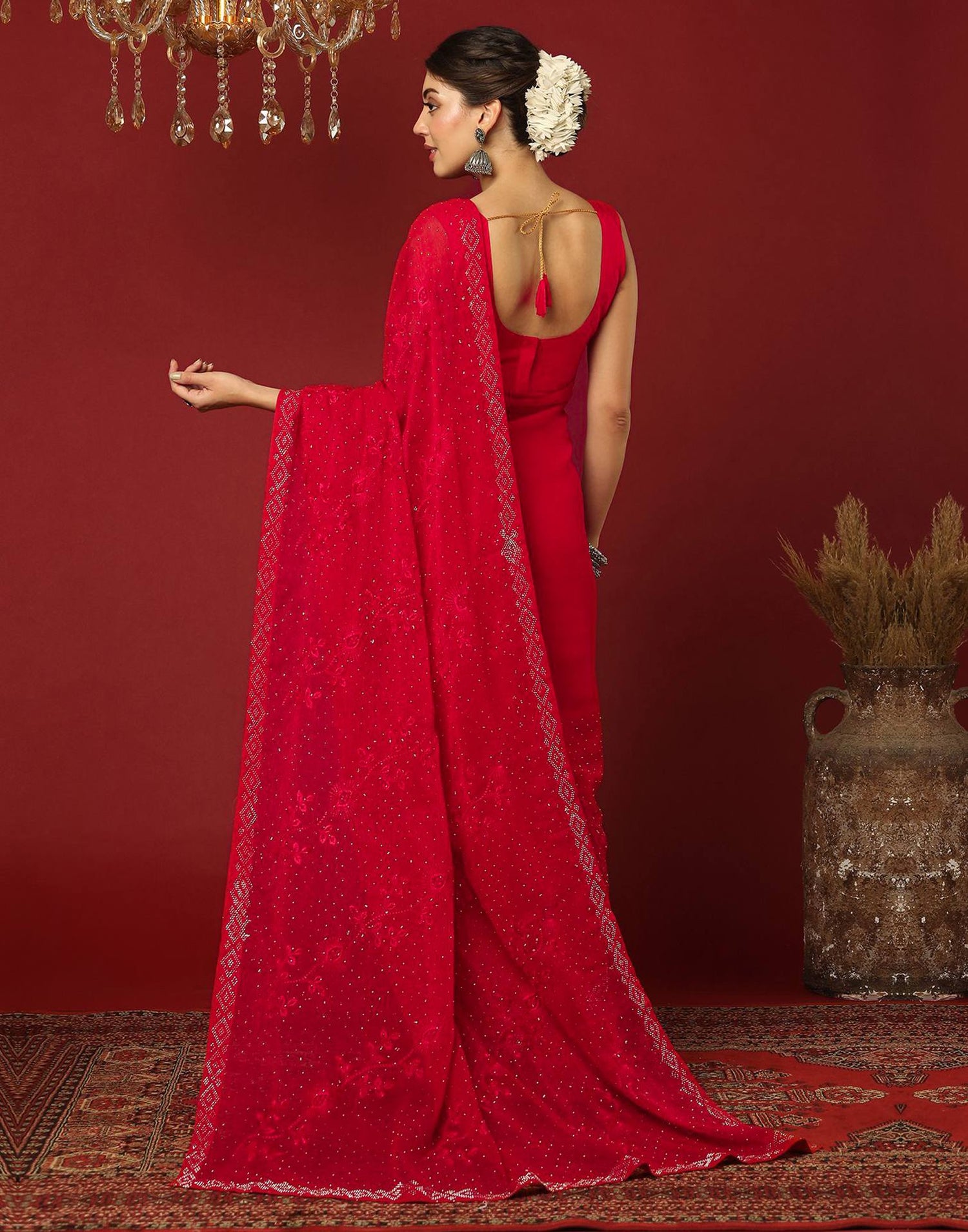 Red Chiffon Stone Work Swarovski Saree