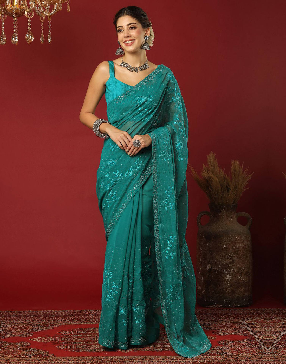 Green Chiffon Stone Work Swarovski Saree