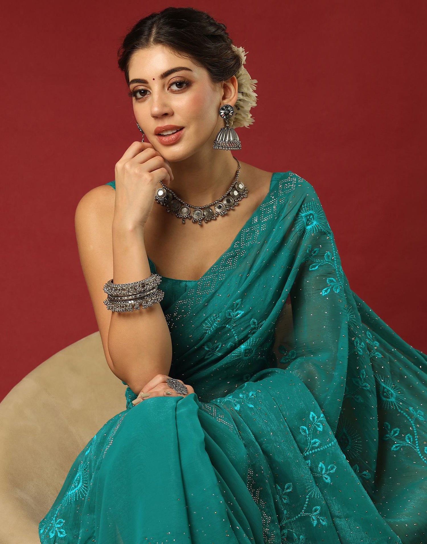 Green Chiffon Stone Work Swarovski Saree