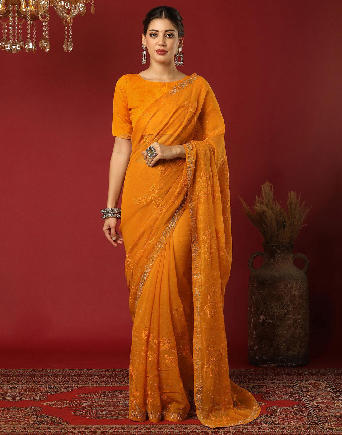 Yellow Chiffon Stone Work Swarovski Saree