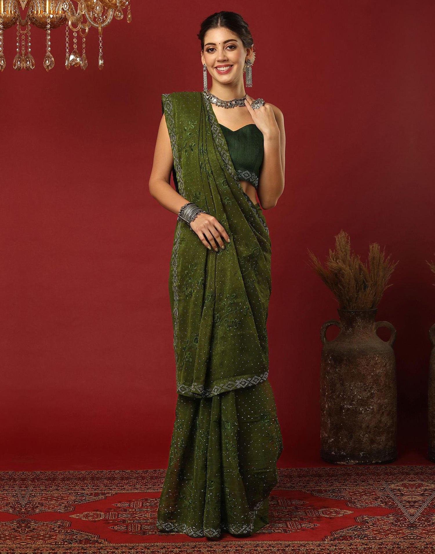 Green Chiffon Stone Work Swarovski Saree