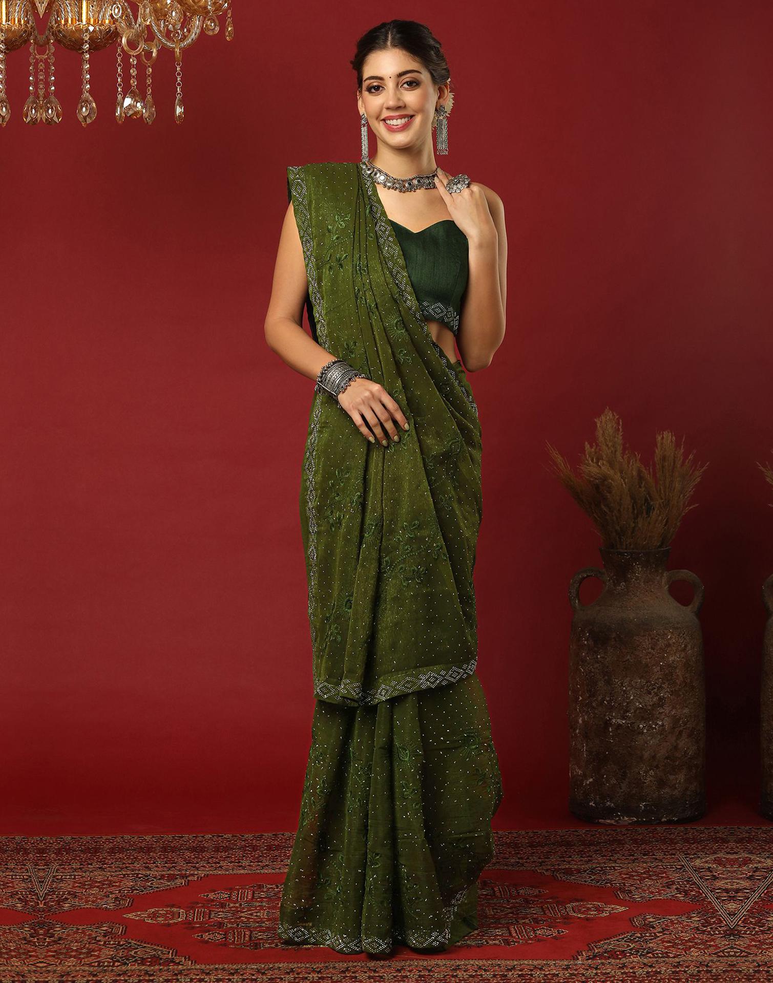 Green Chiffon Stone Work Swarovski Saree