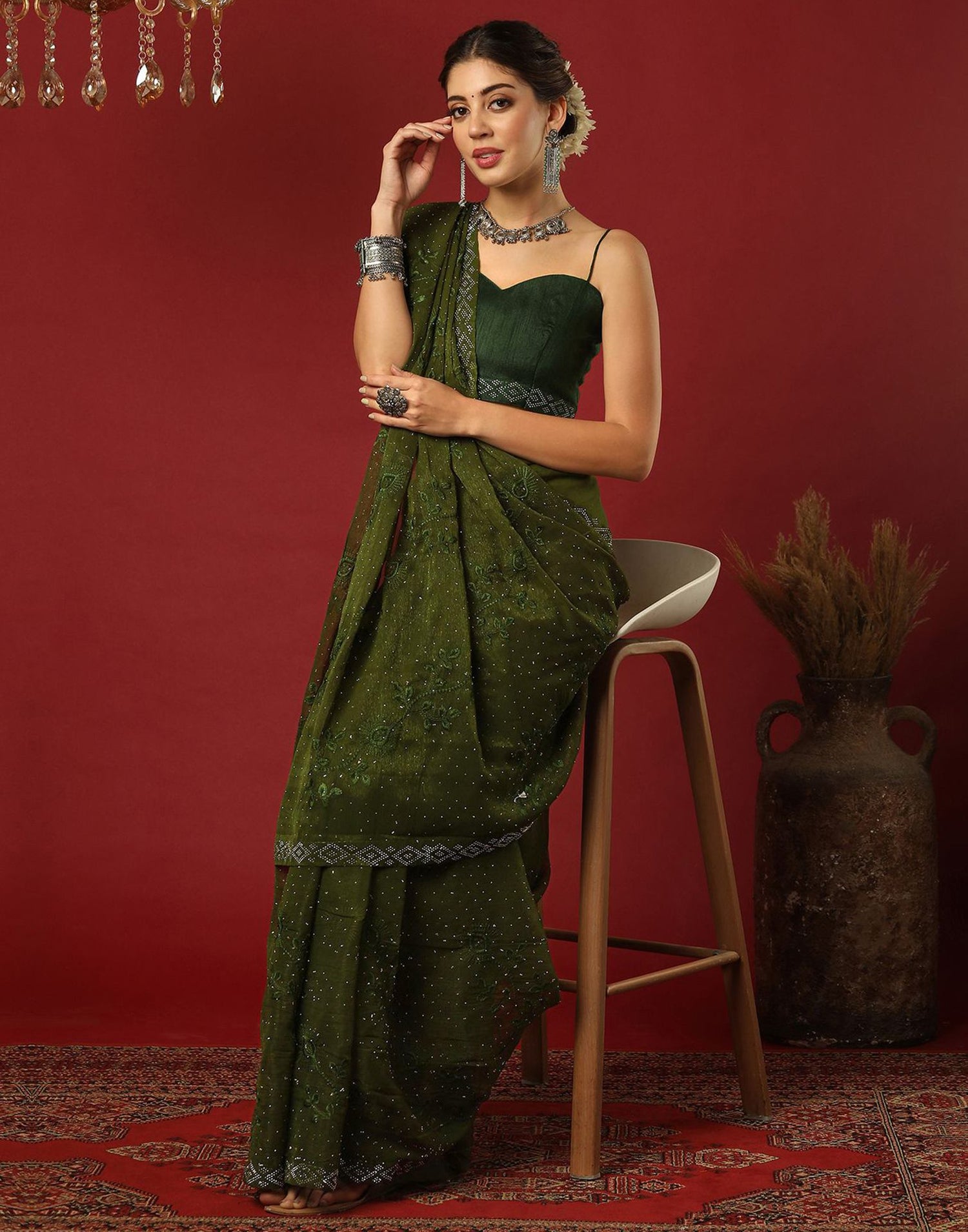 Green Chiffon Stone Work Swarovski Saree