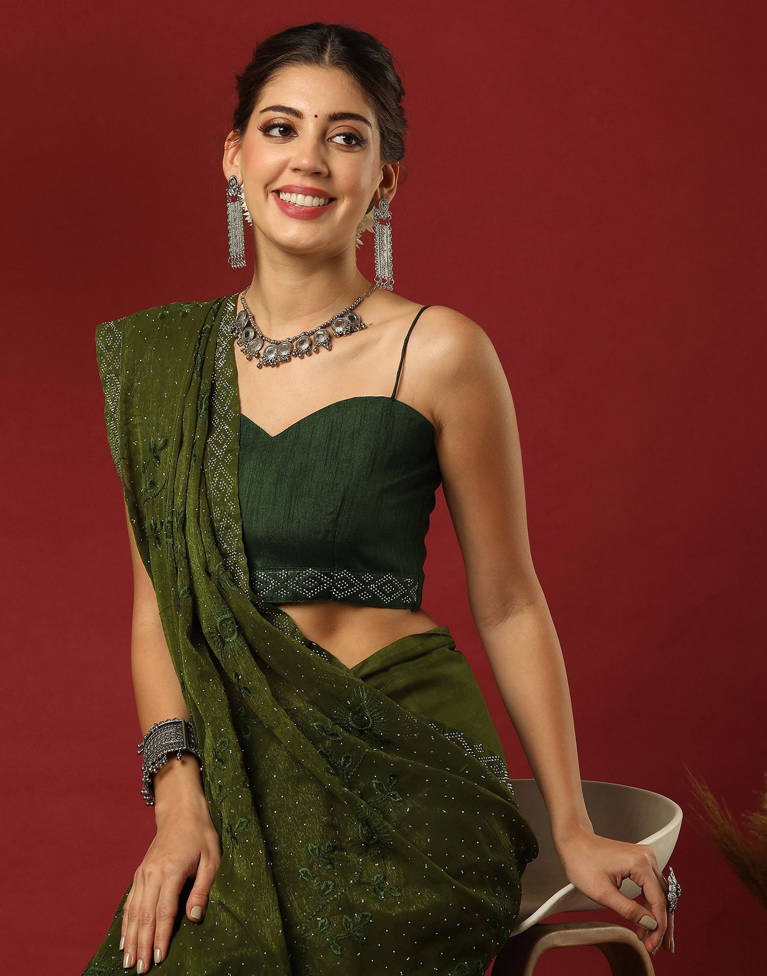 Green Chiffon Stone Work Swarovski Saree