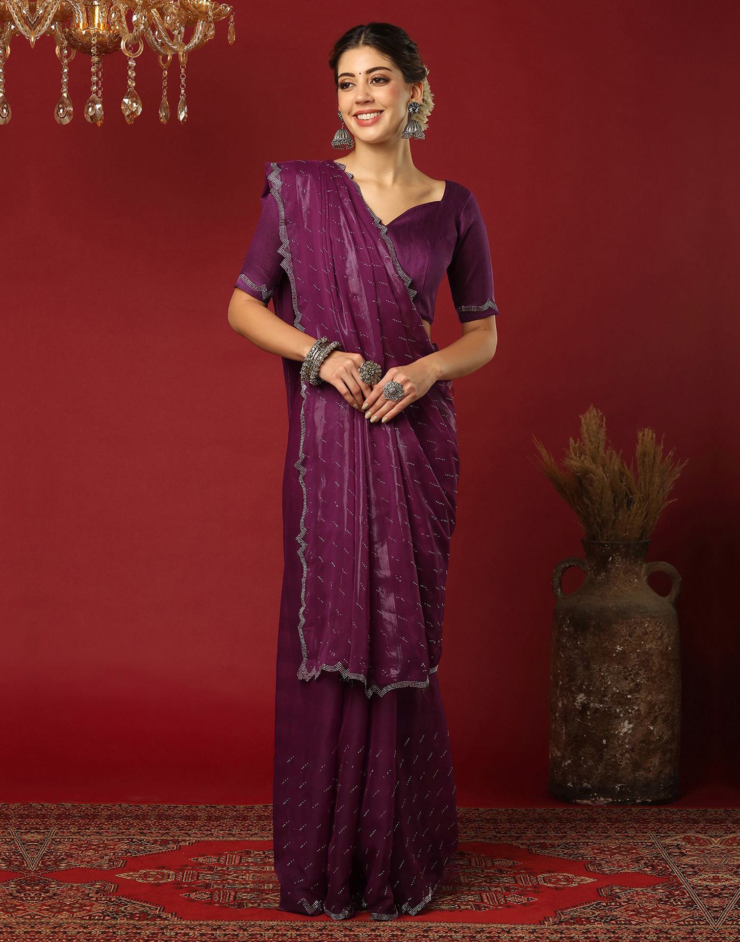 Dark Purple Georgette Stone Work Swarovski Saree