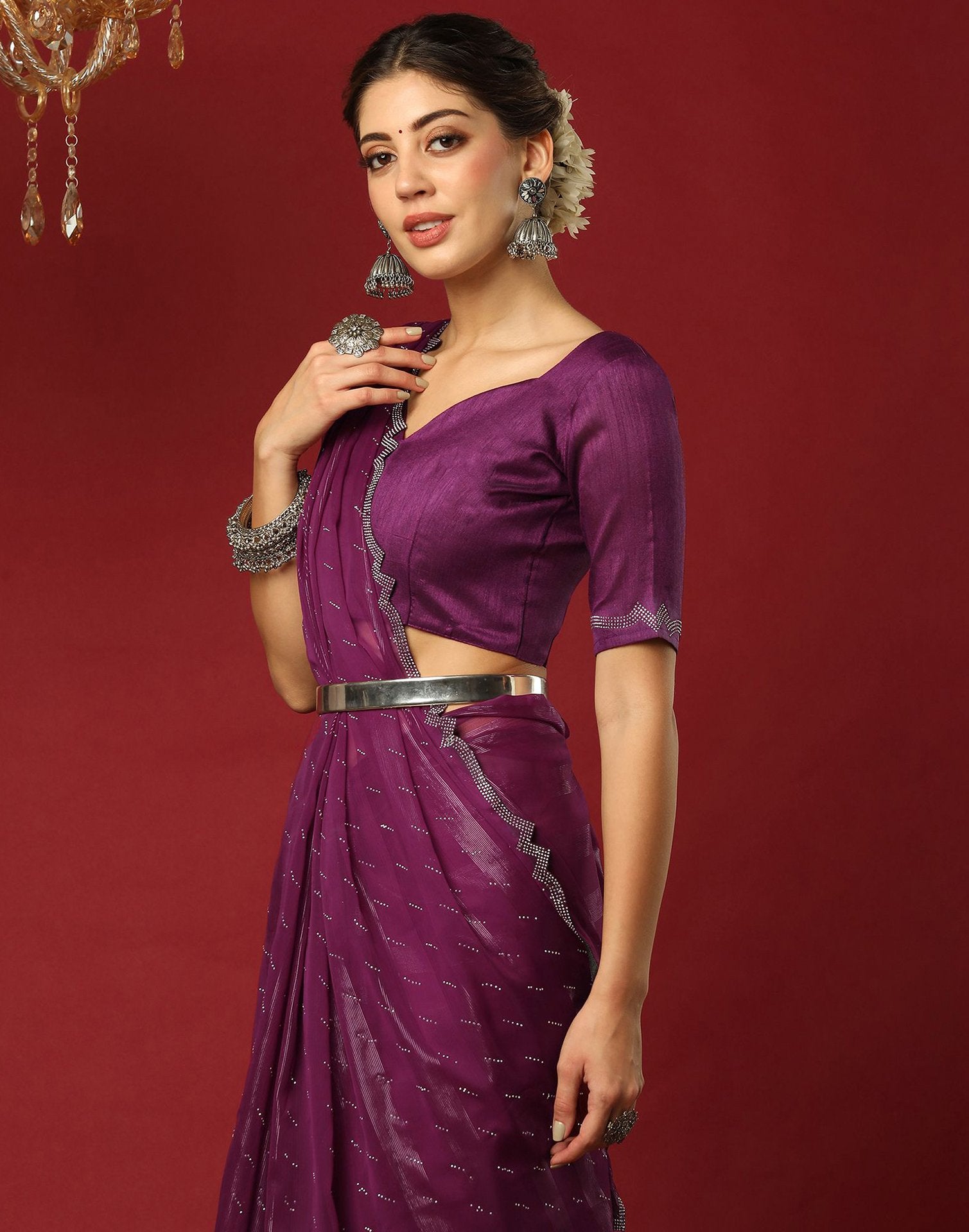 Dark Purple Georgette Stone Work Swarovski Saree