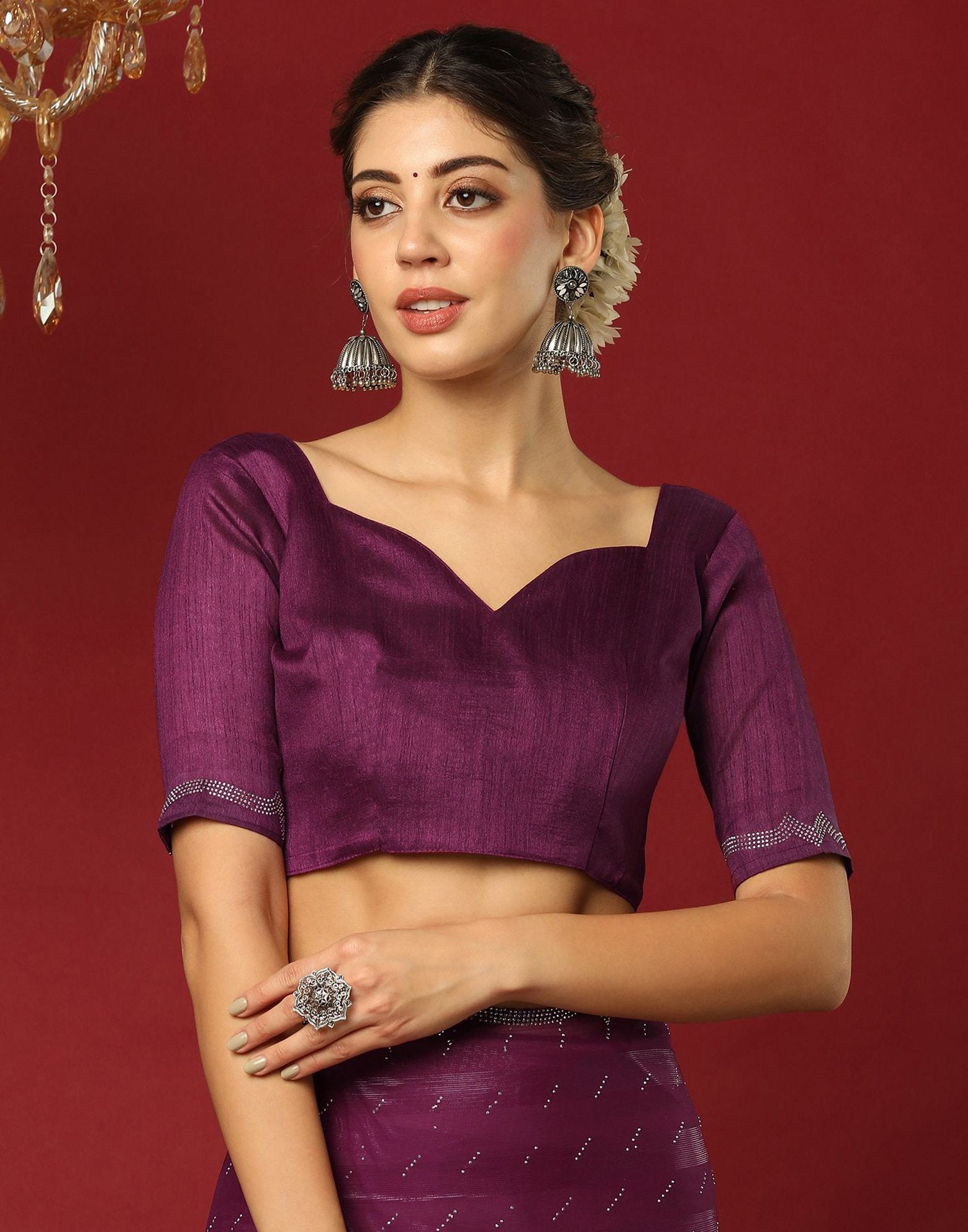 Dark Purple Georgette Stone Work Swarovski Saree