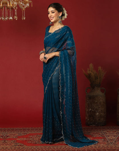 Rama Blue Georgette Stone Work Swarovski Saree