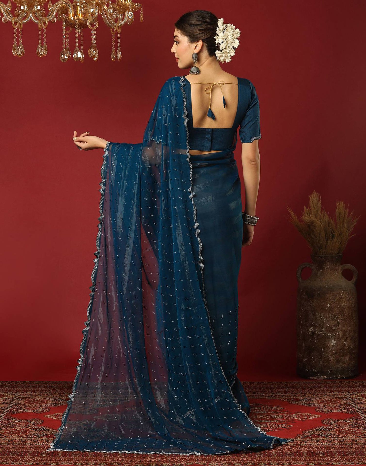Rama Blue Georgette Stone Work Swarovski Saree