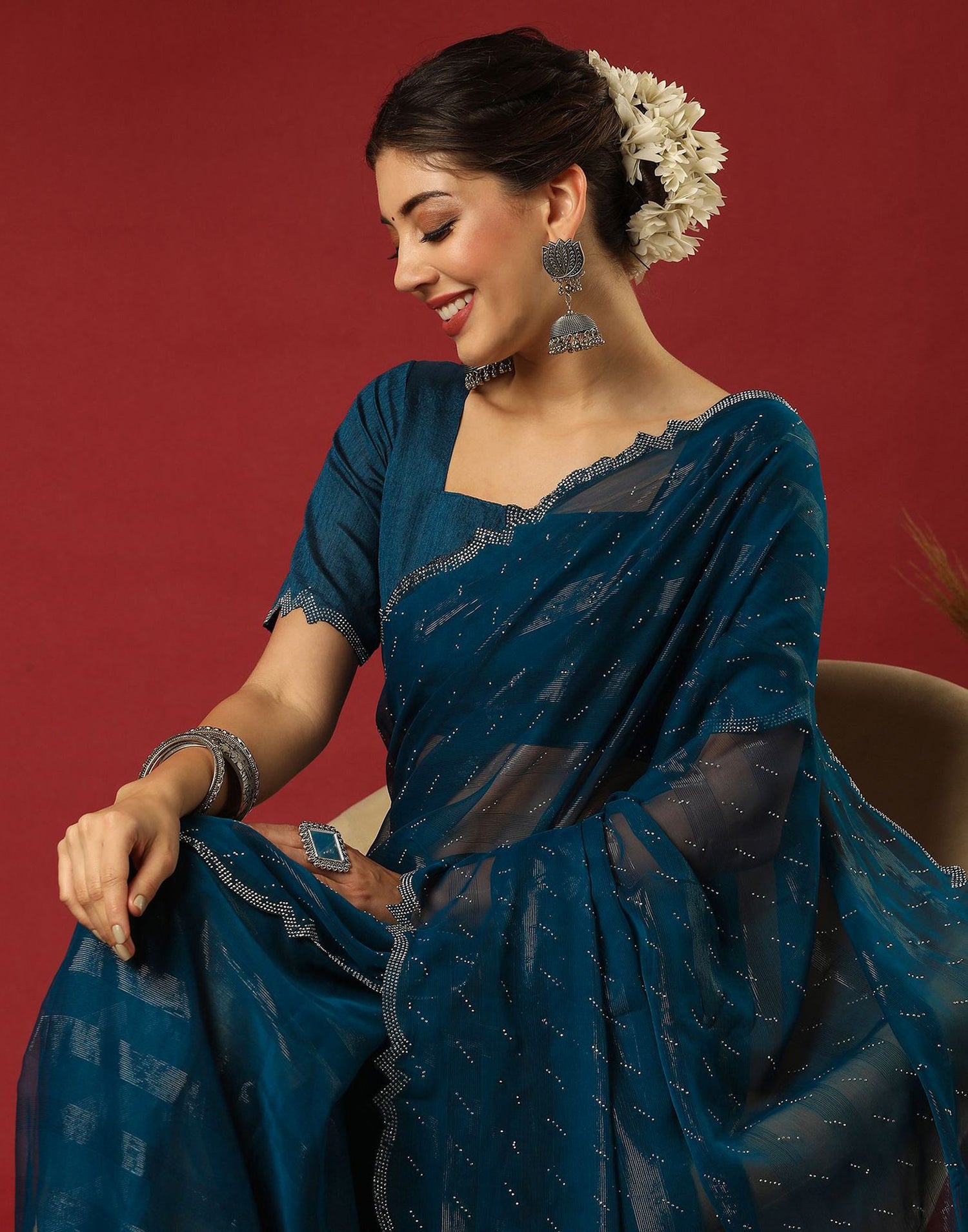 Rama Blue Georgette Stone Work Swarovski Saree