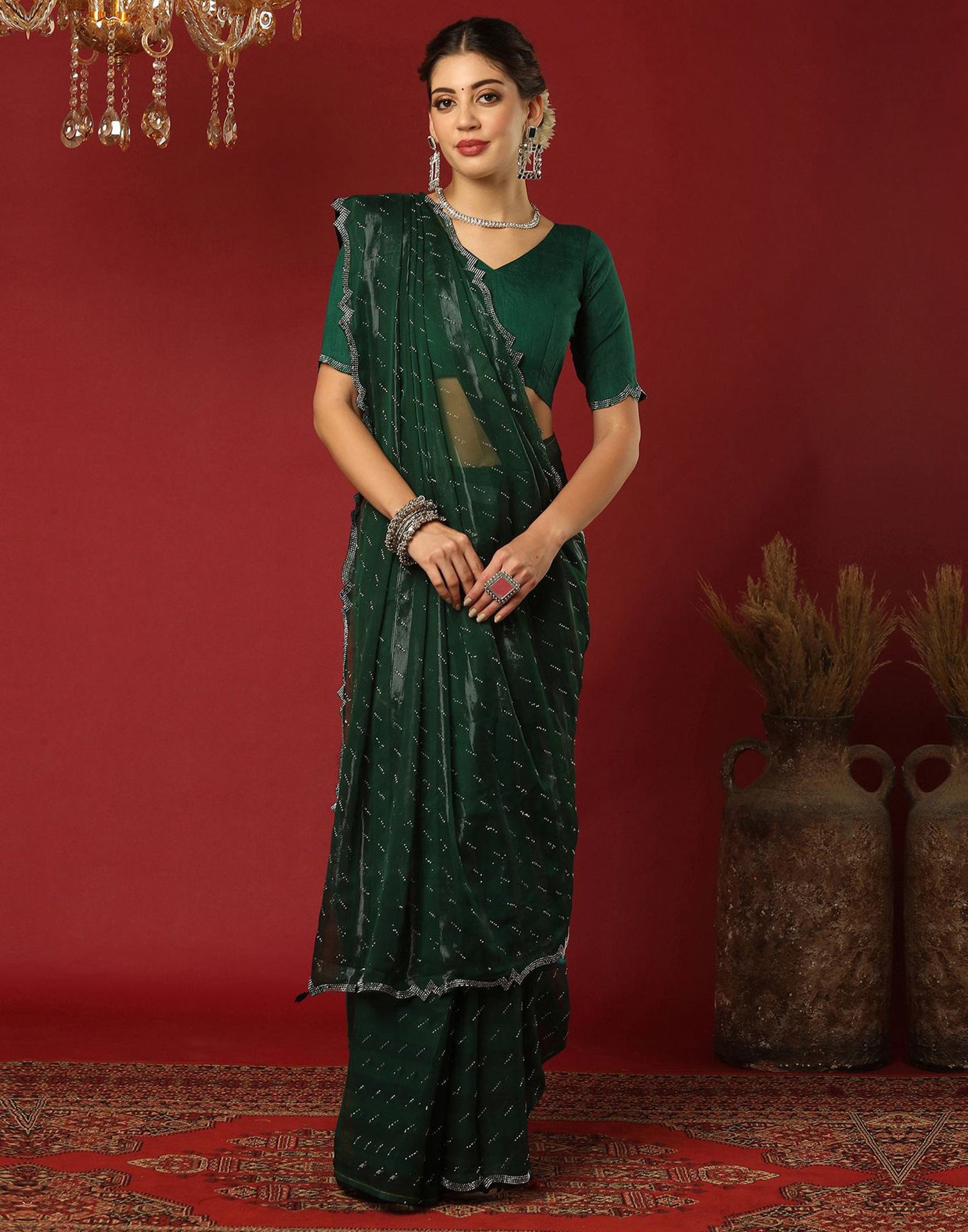 Green Georgette Stone Work Swarovski Saree