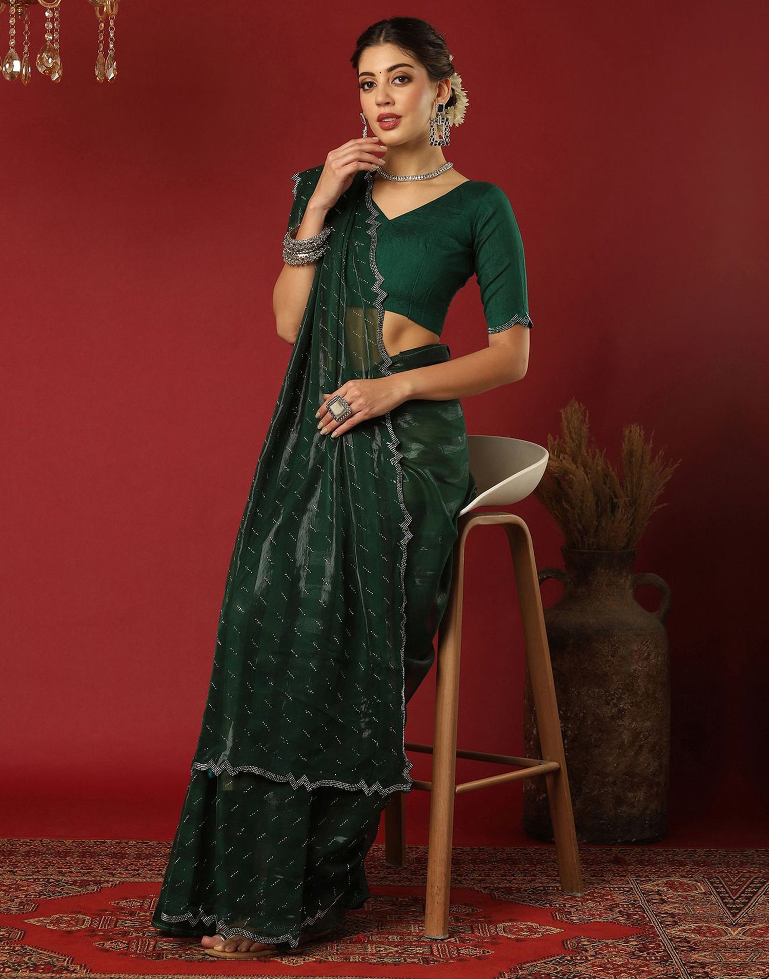 Green Georgette Stone Work Swarovski Saree