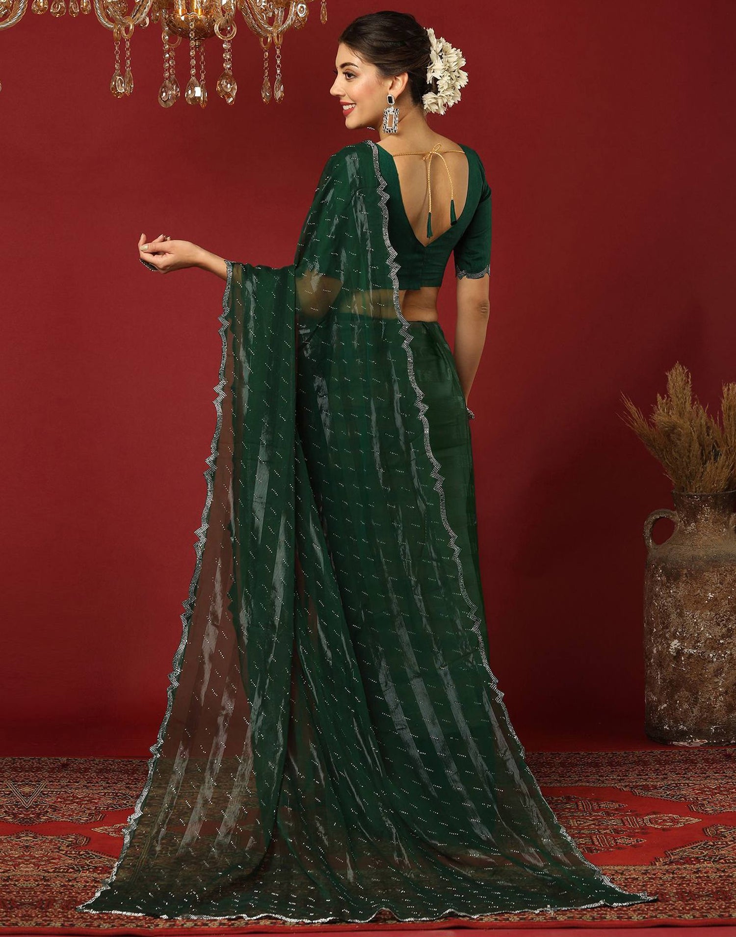 Green Georgette Stone Work Swarovski Saree