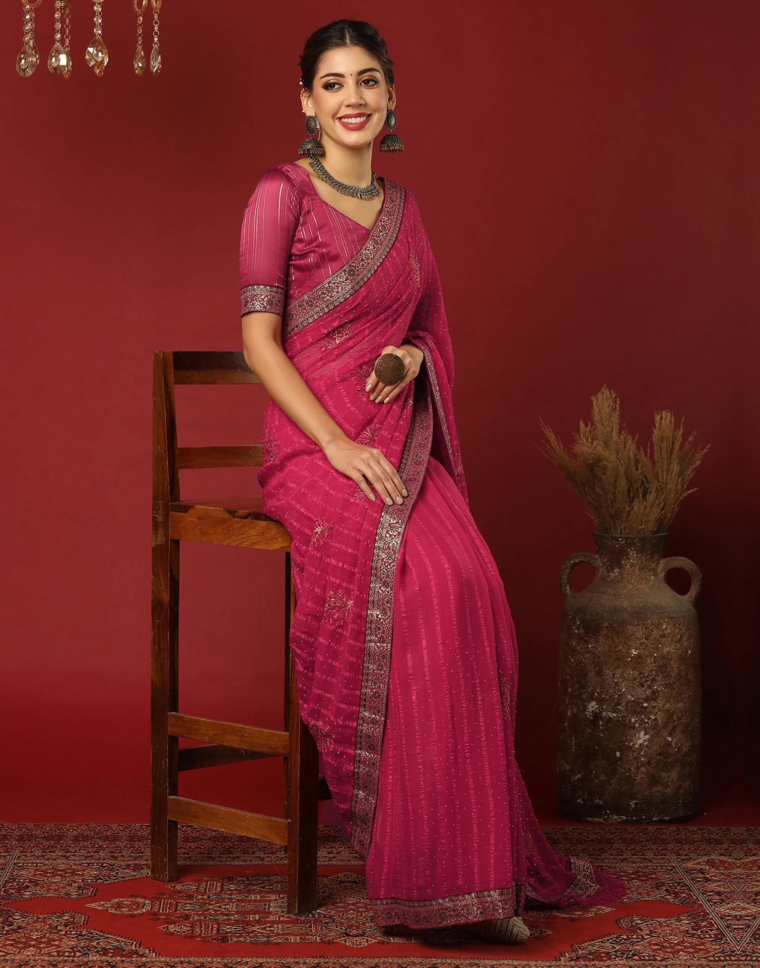 Rani Pink Chiffon Stone Work Swarovski Saree