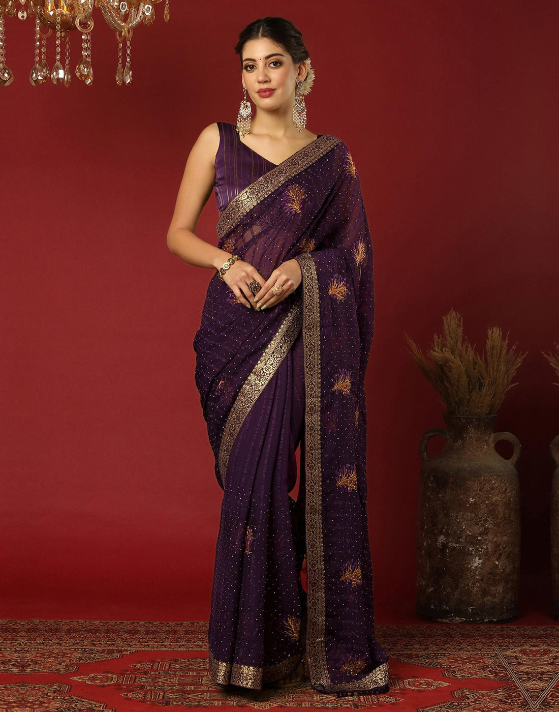 Dark Purple Chiffon Stone Work Swarovski Saree