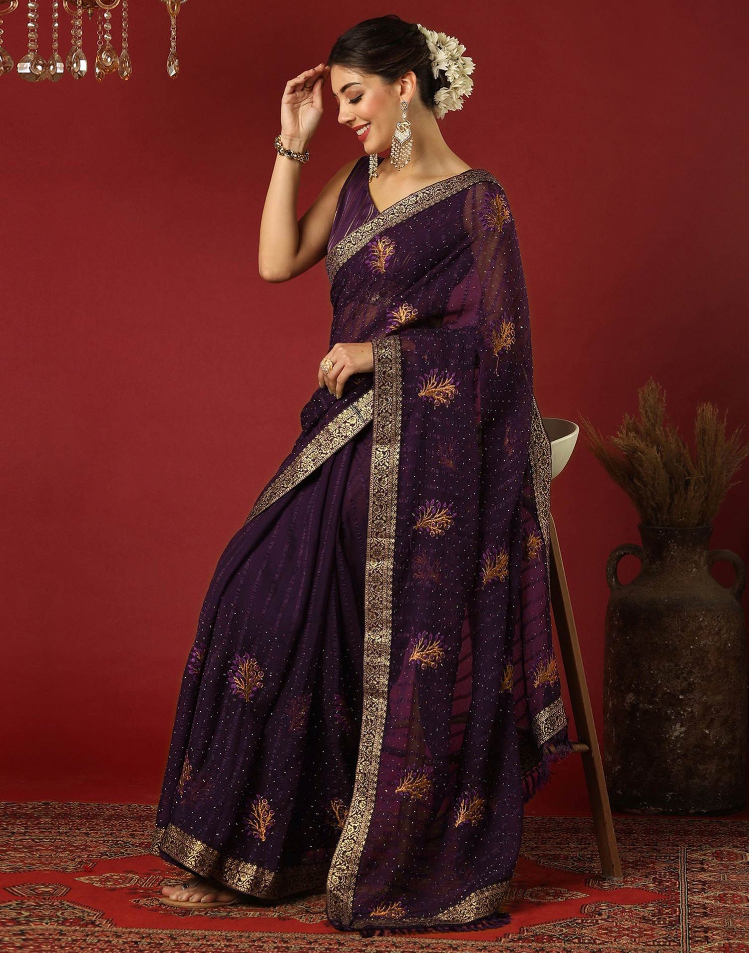Dark Purple Chiffon Stone Work Swarovski Saree