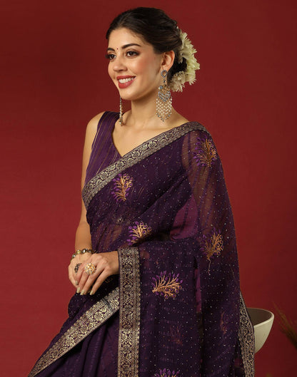 Dark Purple Chiffon Stone Work Swarovski Saree
