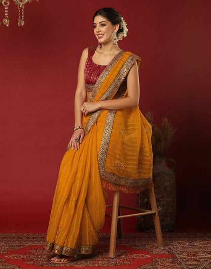 Turmeric Yellow Chiffon Stone Work Swarovski Saree