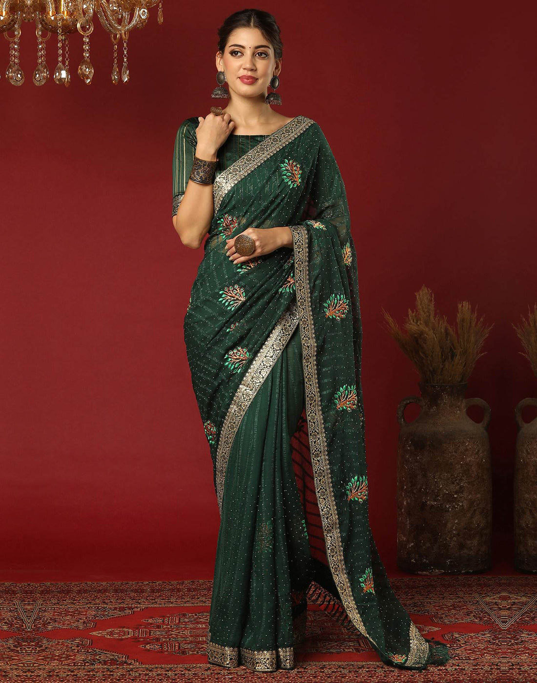 Dark Green Chiffon Stone Work Swarovski Saree