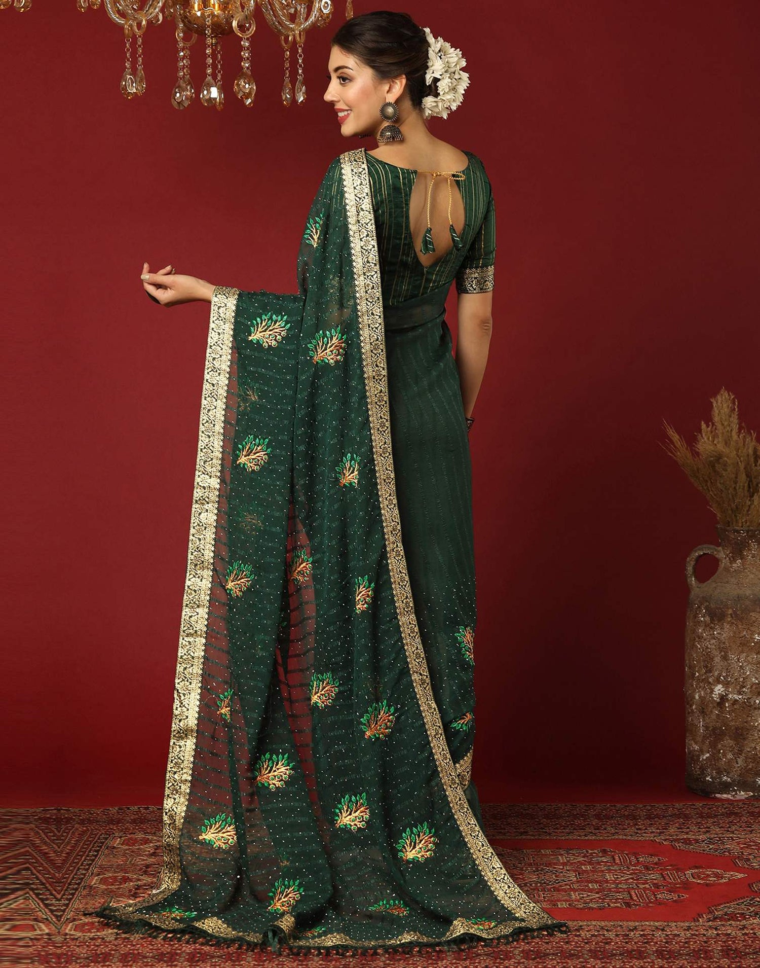 Dark Green Chiffon Stone Work Swarovski Saree
