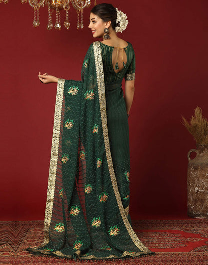 Dark Green Chiffon Stone Work Swarovski Saree