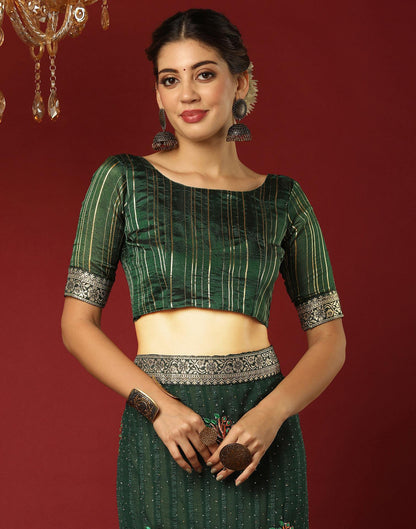 Dark Green Chiffon Stone Work Swarovski Saree