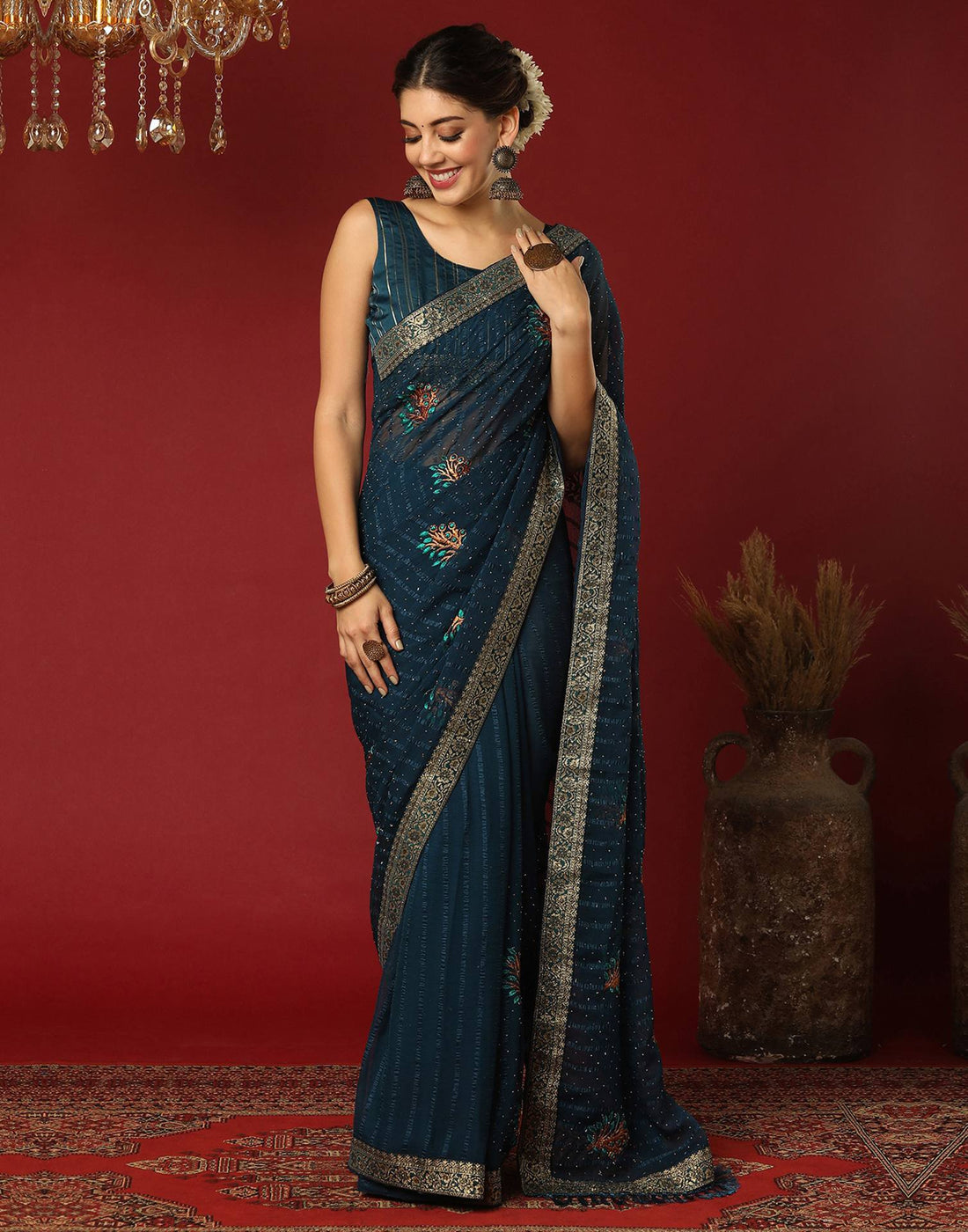 Rama Blue Chiffon Stone Work Swarovski Saree
