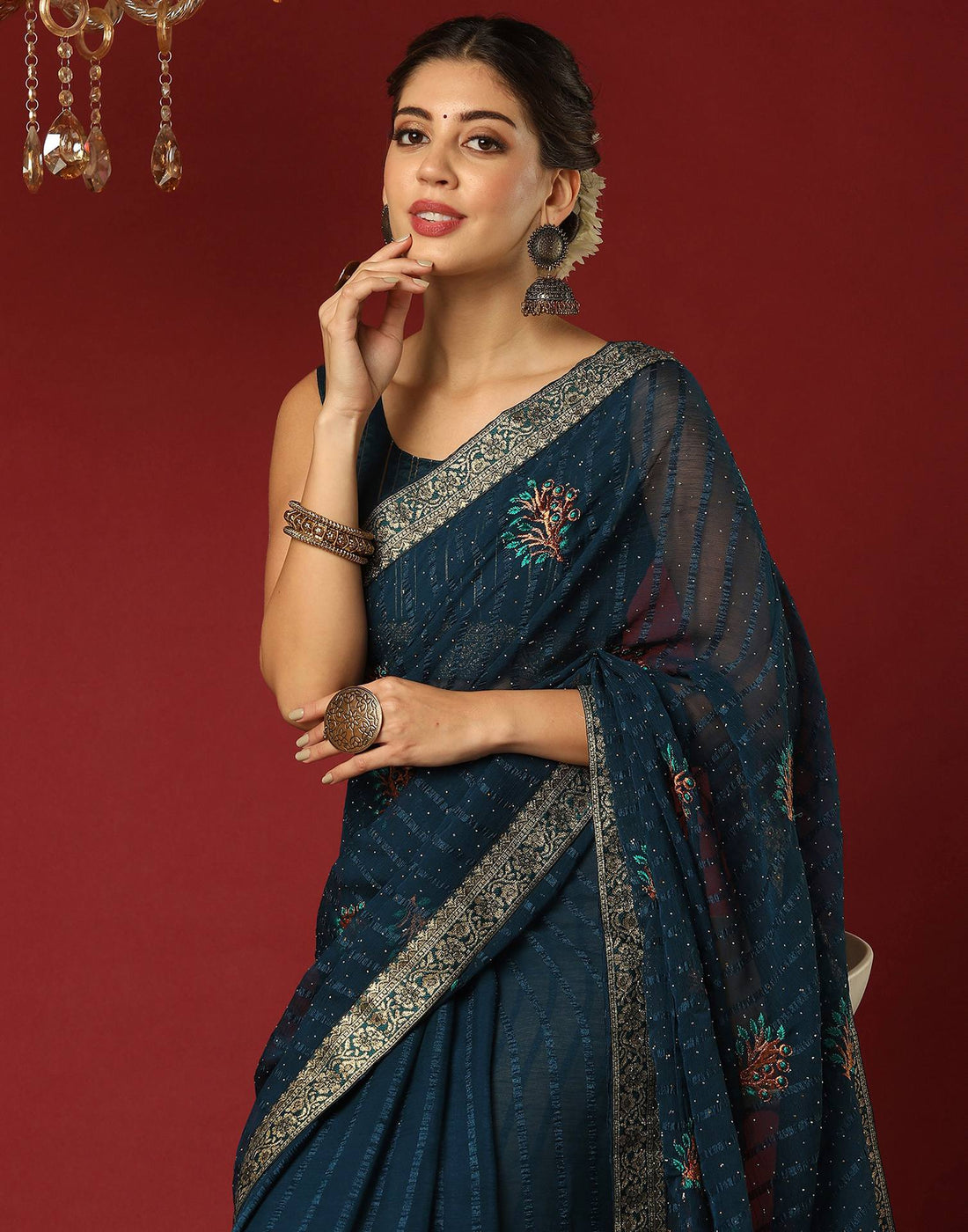 Rama Blue Chiffon Stone Work Swarovski Saree