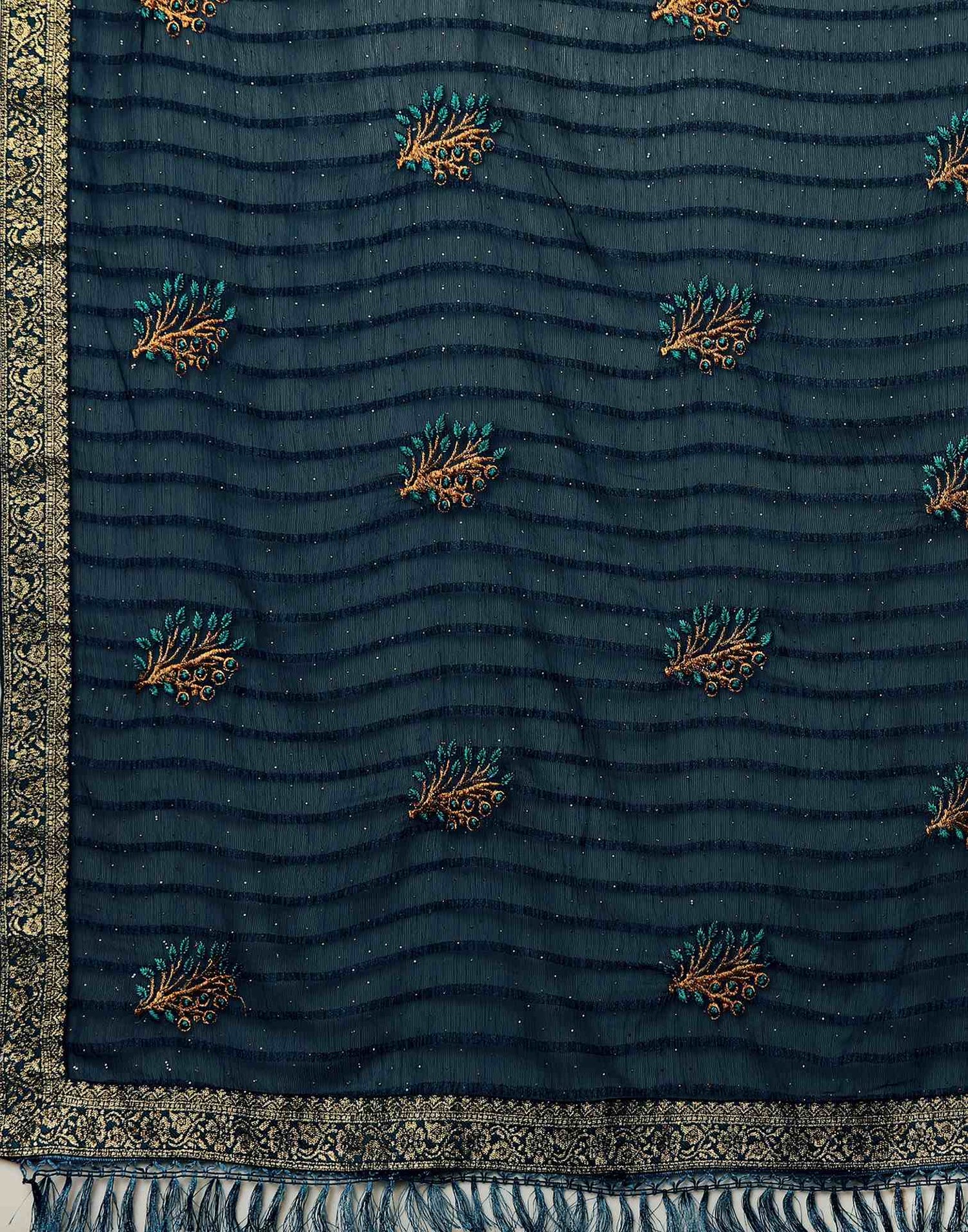 Rama Blue Chiffon Stone Work Swarovski Saree