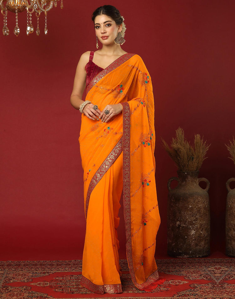 Orange Georgette Stone Work Swarovski Saree