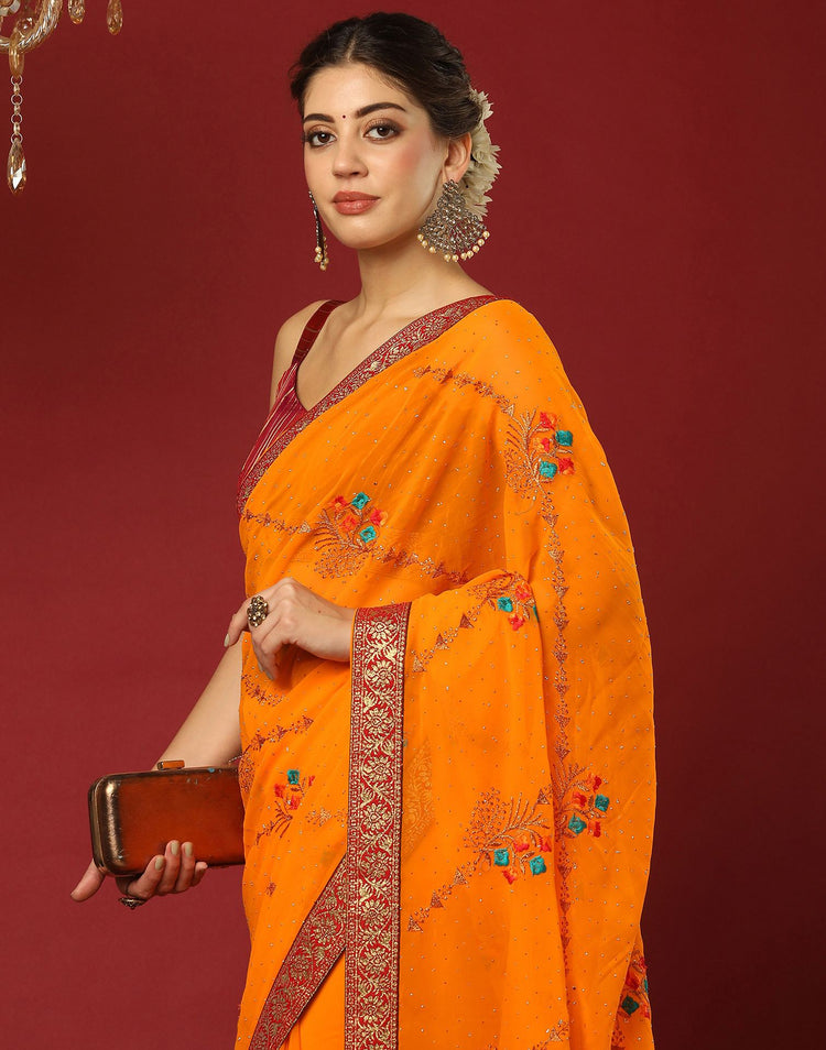 Orange Georgette Stone Work Swarovski Saree