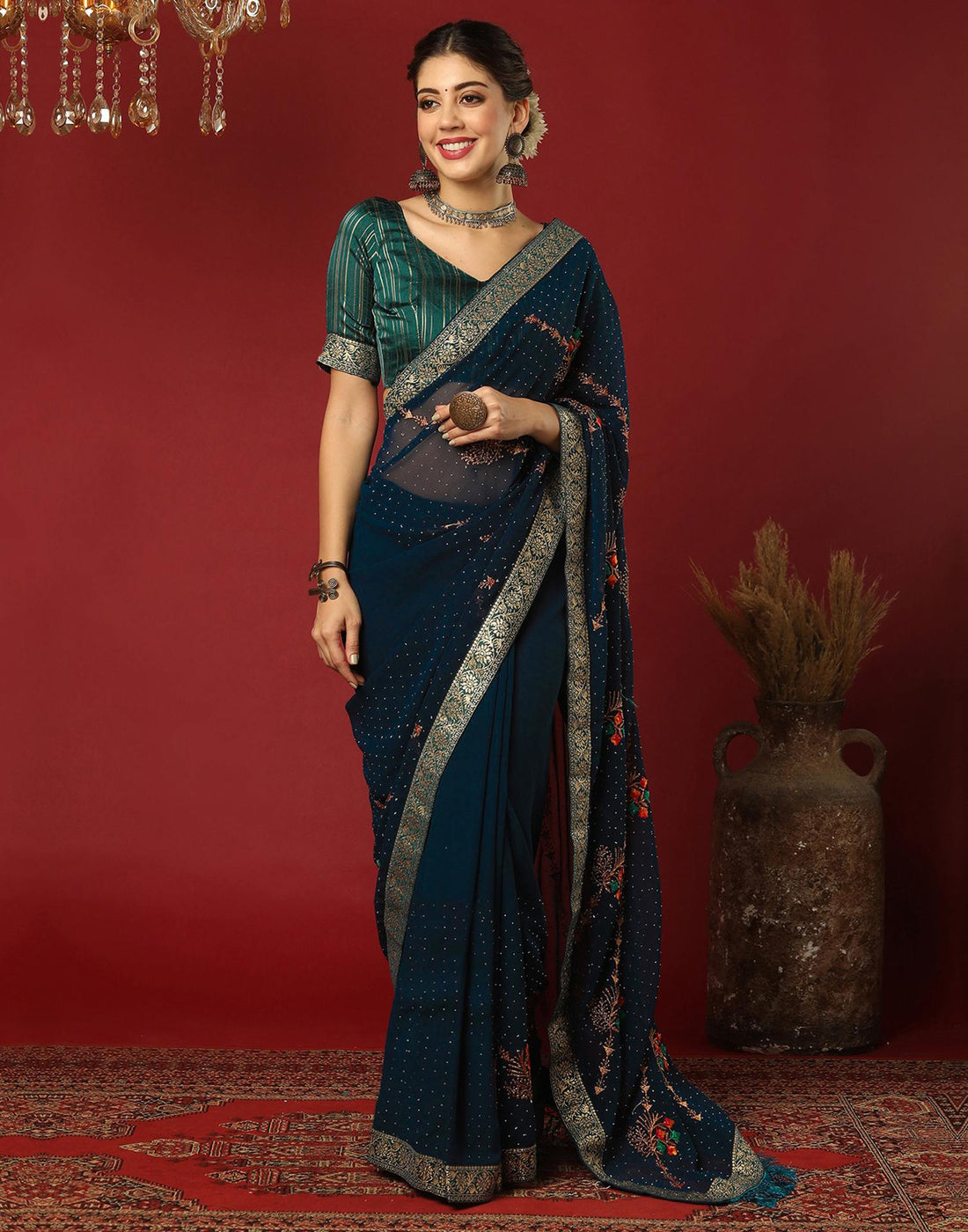 Rama Blue Georgette Stone Work Swarovski Saree