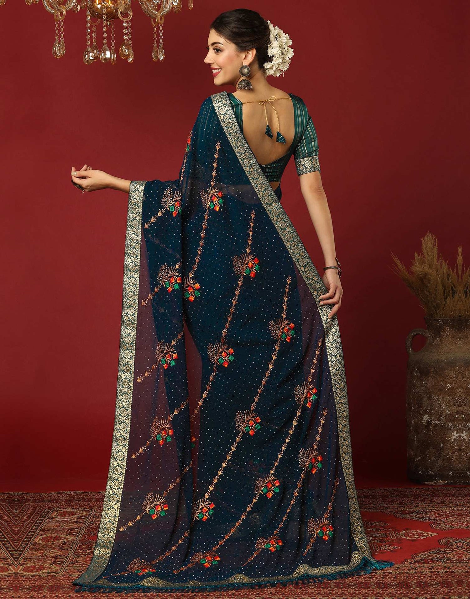 Rama Blue Georgette Stone Work Swarovski Saree