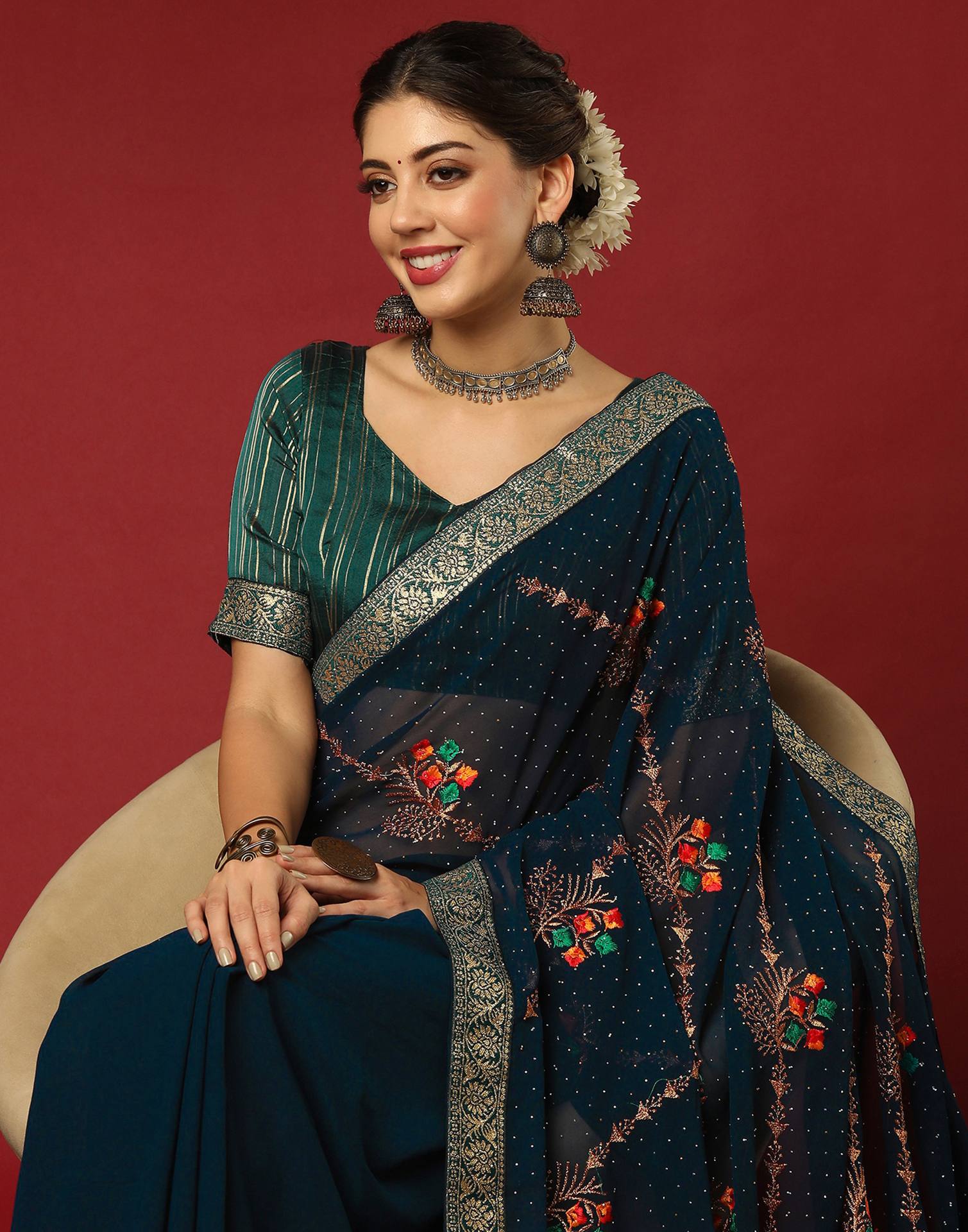 Rama Blue Georgette Stone Work Swarovski Saree