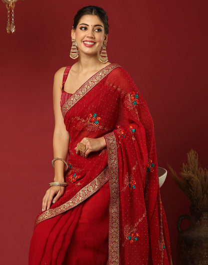 Red Georgette Stone Work Swarovski Saree