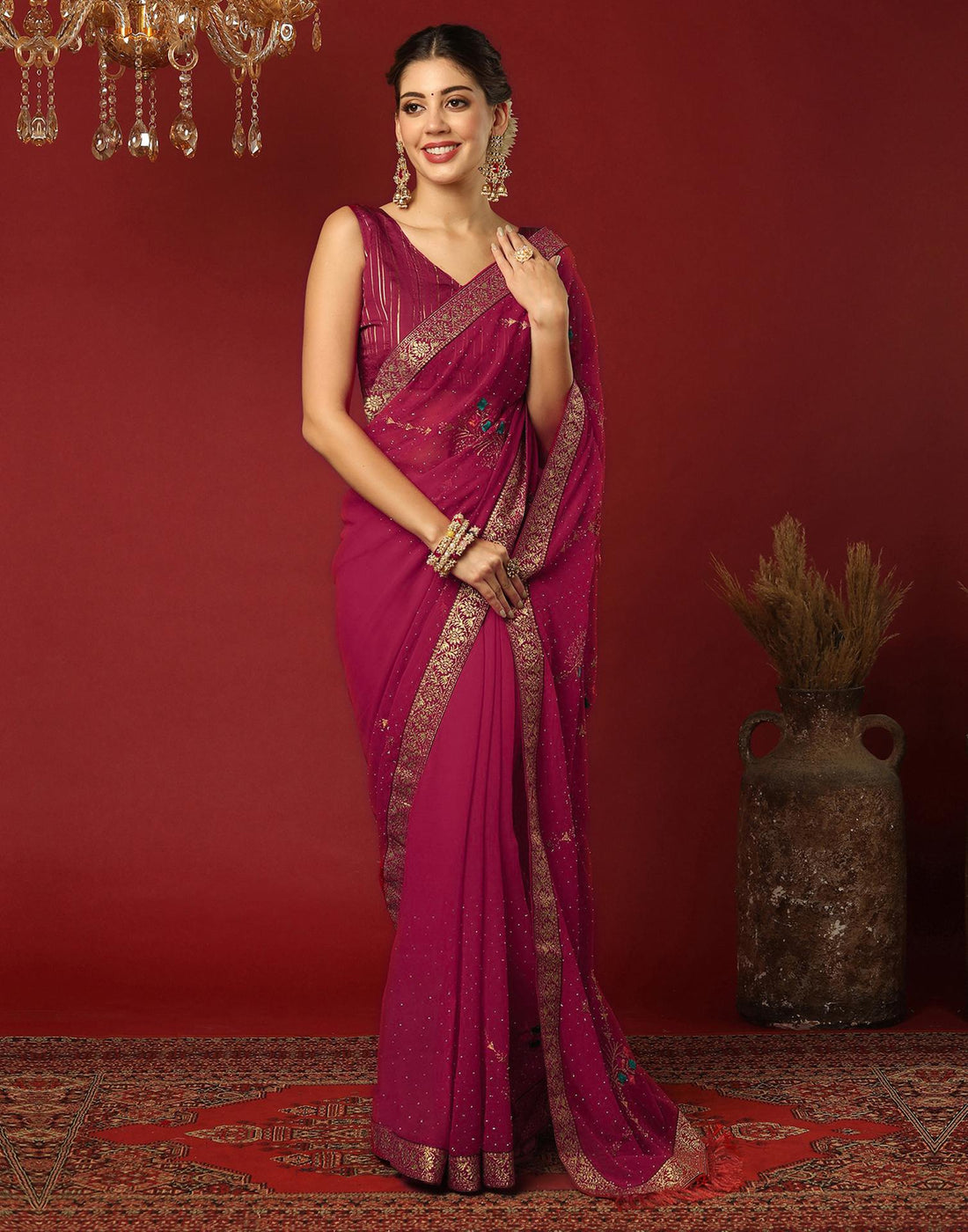 Dark Rani Pink Georgette Stone Work Swarovski Saree