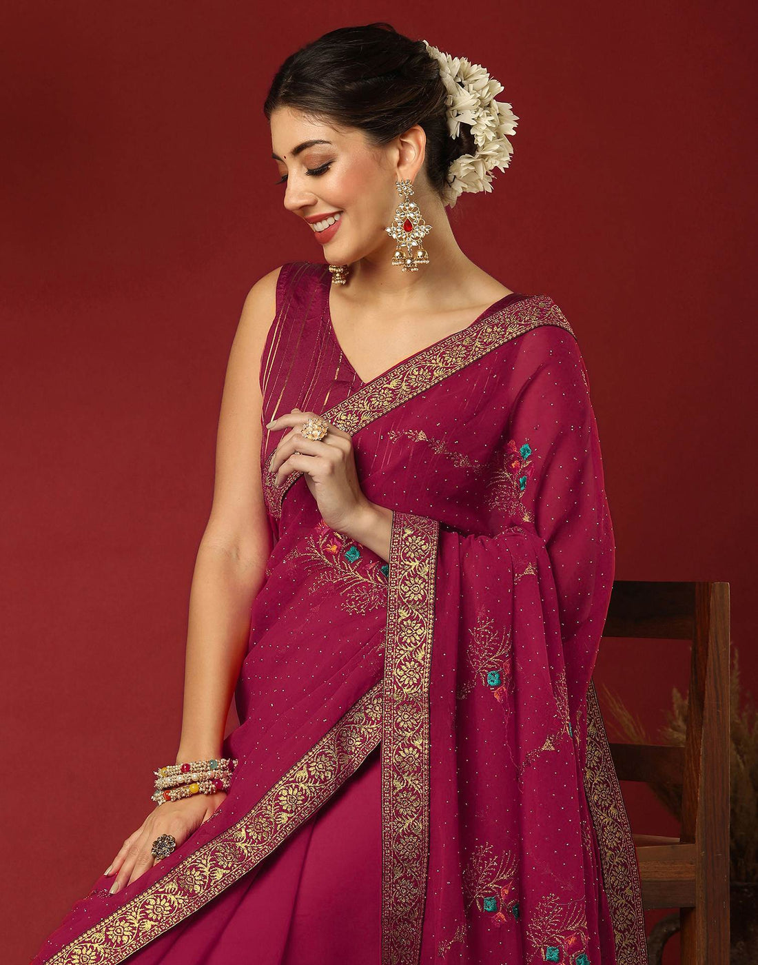 Dark Rani Pink Georgette Stone Work Swarovski Saree
