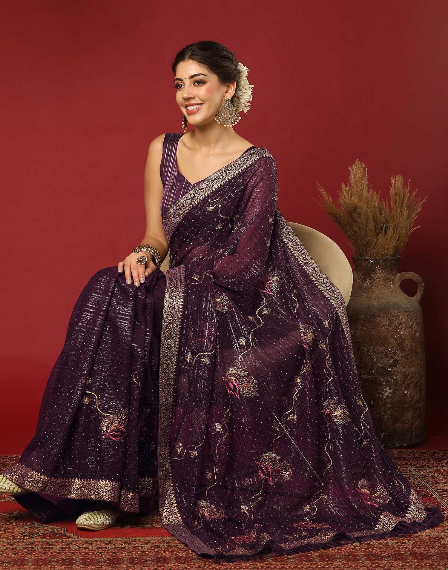 Wine Georgette Stone Work Embellished Saree