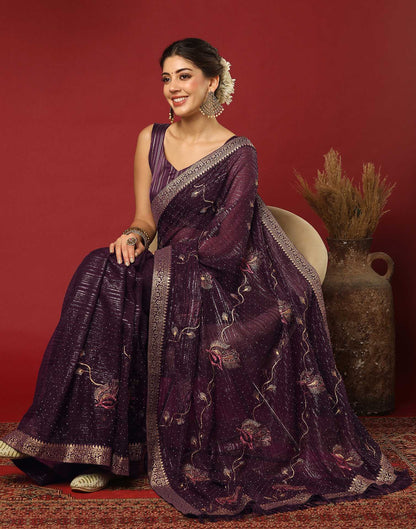 Wine Georgette Stone Work Embellished Saree