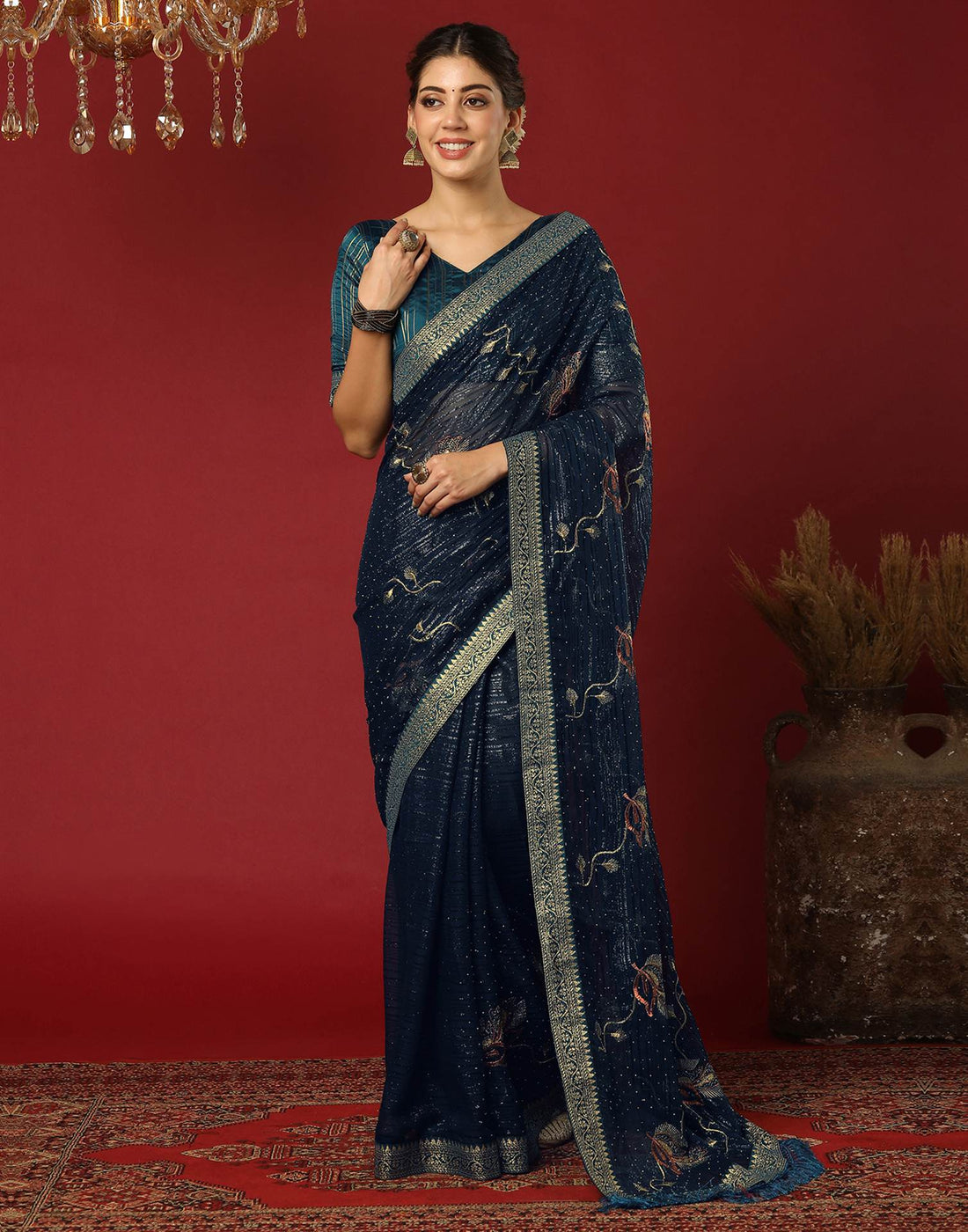 Rama Blue Georgette Stone Work Embellished Saree