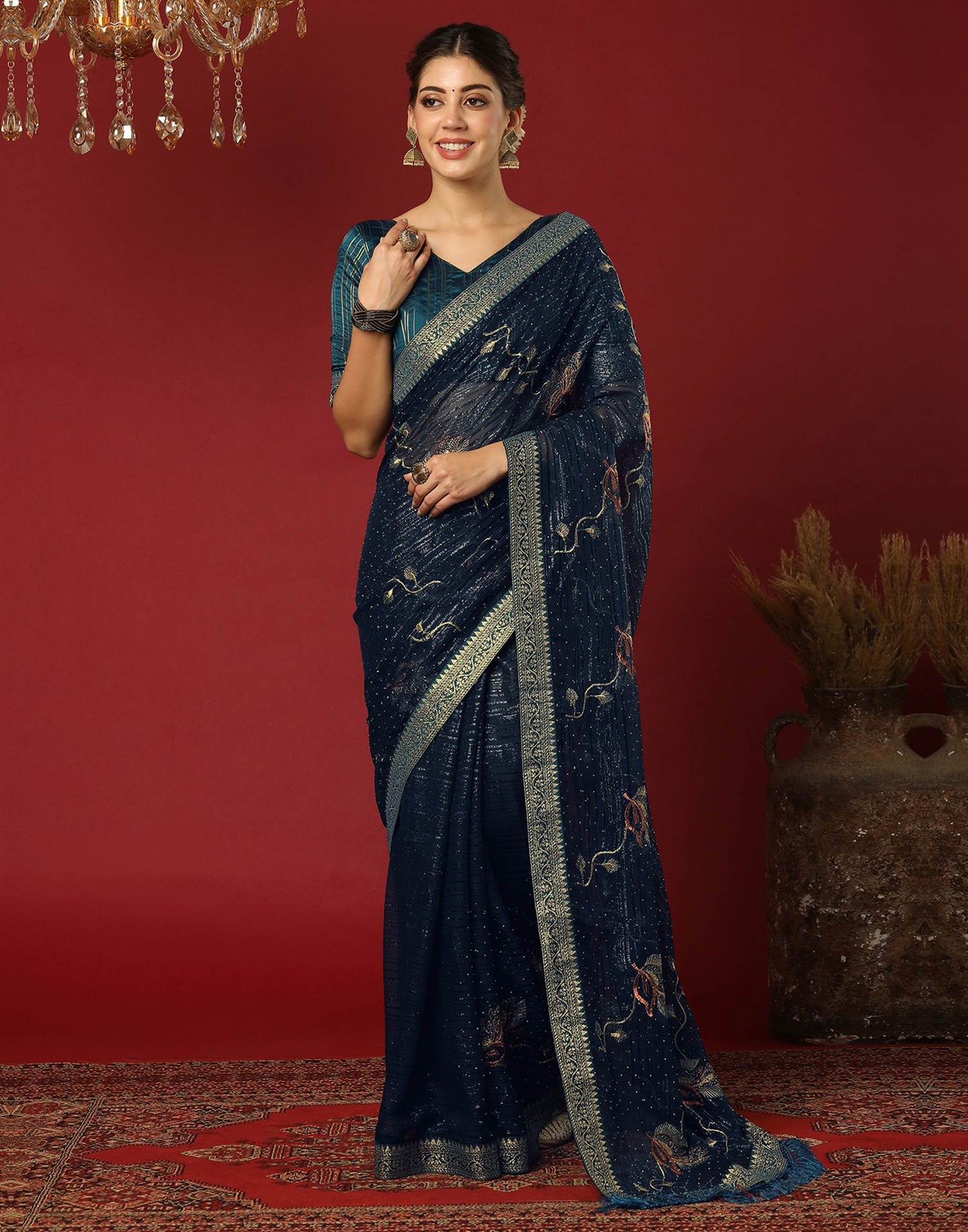 Rama Blue Georgette Stone Work Embellished Saree