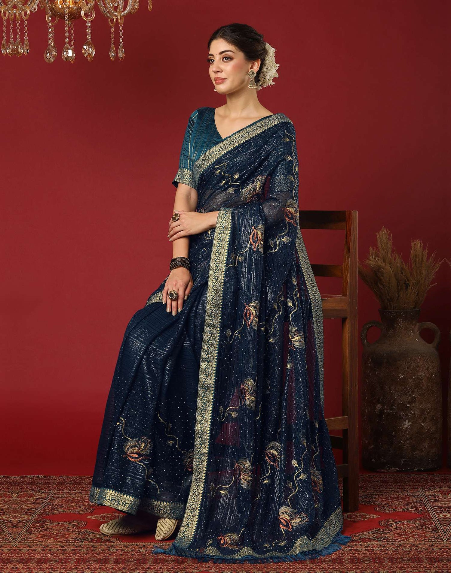 Rama Blue Georgette Stone Work Embellished Saree