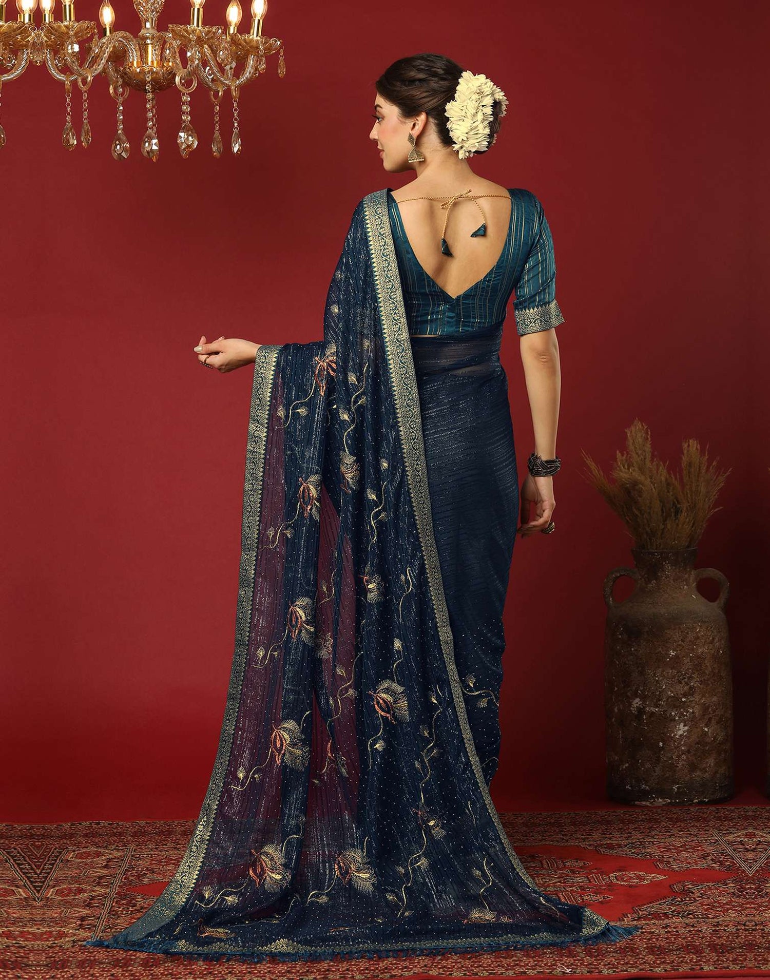 Rama Blue Georgette Stone Work Embellished Saree