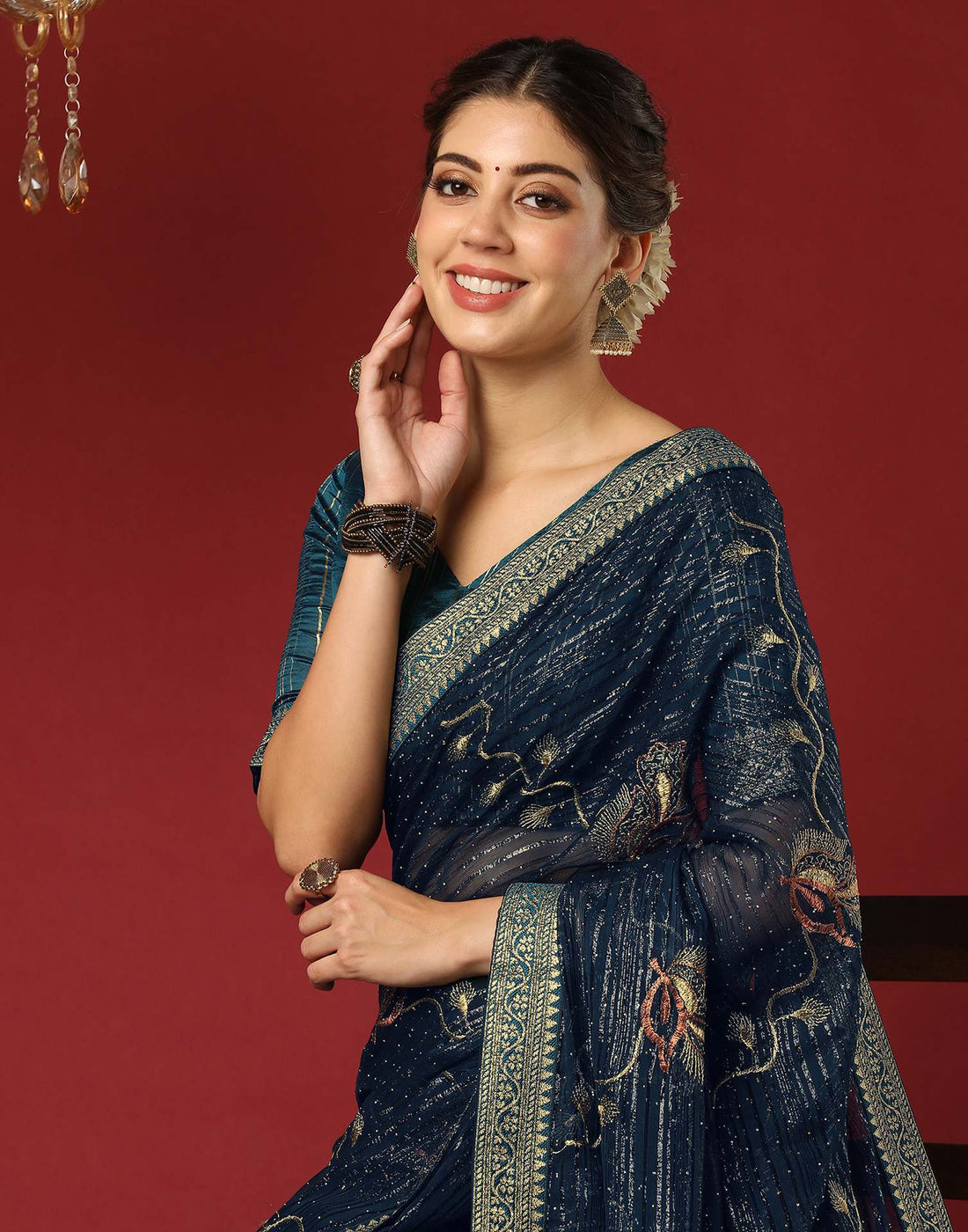 Rama Blue Georgette Stone Work Embellished Saree