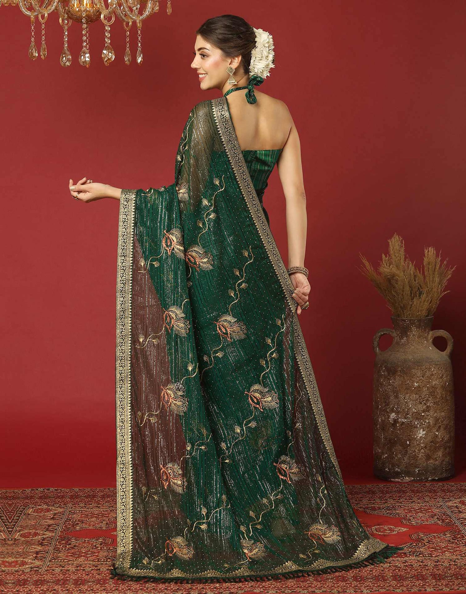 Dark Green Georgette Stone Work Embellished Saree